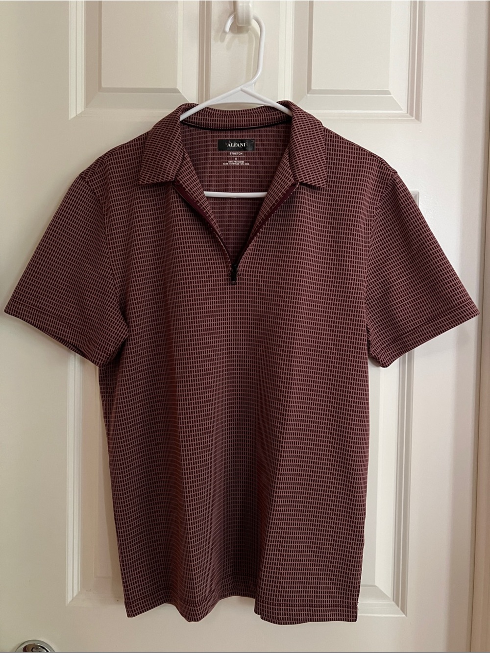 Alfani Men's Burgundy Micro-Grid Short-Sleeve Zip Polo